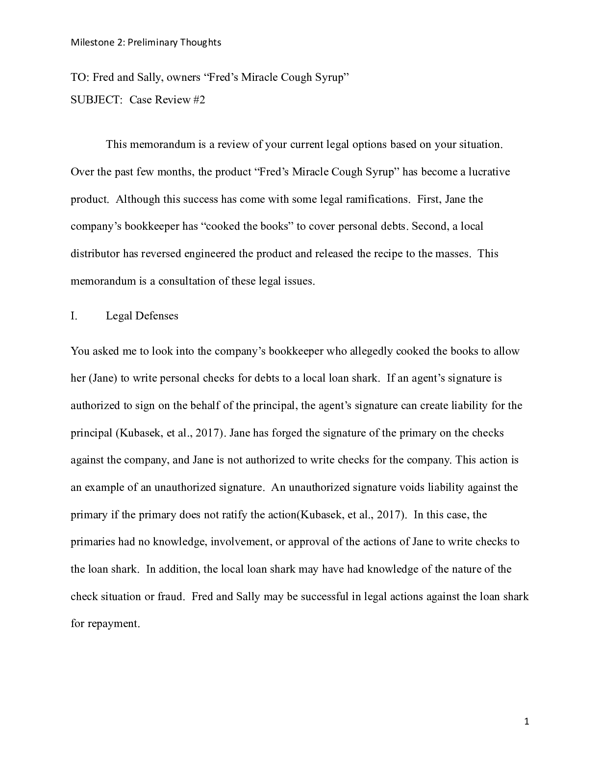 Preview image for BUS 307 Final Two.docx  TO: Fred and Sally, owners œFred™s Miracle Cough Syrup  SUBJECT: